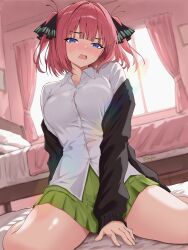1girl absurdres arm_between_legs bed black_cardigan blue_eyes blush breasts butterfly_hair_ornament cardigan chieftain_art13 collared_shirt commentary english_commentary go-toubun_no_hanayome green_skirt hair_intakes hair_ornament highres indoors large_breasts long_sleeves looking_at_viewer medium_hair miniskirt mixed-language_commentary nakano_nino nose_blush on_floor open_mouth pleated_skirt school_uniform shirt sitting skirt solo spread_legs summer_uniform thighs twitter_username two_side_up wariza white_shirt window