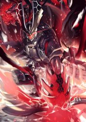 1boy arm_support arm_up armor armored_boots black_hair boots bow_(weapon) breastplate covered_face dd_(vktr4837) dynamic_pose eye_trail fate/grand_order fate_(series) floating_armor full_armor full_body game_cg glowing glowing_eye gradient_hair holding holding_bow_(weapon) holding_weapon honeycomb_(pattern) japanese_armor kusazuri light_trail long_hair male_focus minamoto_no_tametomo_(fate) minamoto_no_tametomo_(third_ascension)_(fate) motion_blur multicolored_hair official_art ponytail red_hair red_theme solo squatting superhero_landing third-party_source weapon