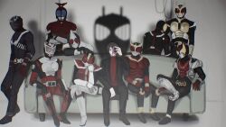 Rule 34 | 6+boys, absurdres, armor, camera, couch, highres, holding, holding camera, kadoya tsukasa, kamen rider, kamen rider 555, kamen rider agito, kamen rider agito (series), kamen rider blade, kamen rider blade (series), kamen rider dcd, kamen rider decade, kamen rider den-o, kamen rider den-o (series), kamen rider faiz, kamen rider hibiki, kamen rider hibiki (series), kamen rider kabuto, kamen rider kabuto (series), kamen rider kiva, kamen rider kiva (series), kamen rider kuuga, kamen rider kuuga (series), kamen rider ryuki, kamen rider ryuki (series), male focus, multiple boys, sch1z0 dipshit, silhouette, sitting