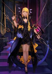 Rule 34 | 1girl, bangle, black dress, black shirt, black shoes, black shrug, blonde hair, blue tail, bracelet, breasts, chin piercing, cleavage, cleavage cutout, clothing cutout, dragon girl, dragon tail, dress, facial mark, fate/grand order, fate (series), floating, floating object, floating weapon, full body, fur-trimmed shrug, game cg, gold anklet, gold bracelet, gold choker, grin, hand up, holding, holding behind back, holding polearm, holding polearm behind back, holding weapon, holding weapon behind back, horns, jewelry, la-na, legs together, long hair, long sidelocks, long skirt, long sleeves, looking at viewer, medium breasts, official art, overskirt, polearm, scales, shirt, shoes, short dress, shrug (clothing), sidelocks, skirt, smile, solo, standing, swept bangs, tail, teeth, third-party source, three-quarter sleeves, variant set, very long hair, vritra (fate), vritra (second ascension) (fate), weapon, wide sleeves, yellow eyes