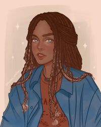 1girl annabeth_chase blue_eyes casual cornrows dark_skin highres jewelry long_hair looking_at_viewer necklace neia_(honei.studio) open_clothes open_shirt parted_hair parted_lips percy_jackson_and_the_olympians portrait shirt simple_background solo t-shirt