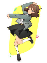 Rule 34 | .hack//, .hack//liminality, absurdres, blue eyes, brown hair, commission, dancing, dress, gyosone, hairband, highres, jacket, minase mai, musical note, simple background, skeb commission, skirt, solo