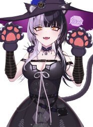 Rule 34 | 1girl, absurdres, animal ears, animal hands, arm strap, black arm warmers, black choker, black dress, black hair, breasts, cat ears, choker, cleavage, danz, dress, earrings, extra ears, gloves, grey hair, hat, highres, hololive, hololive english, jewelry, large breasts, long hair, looking at viewer, multicolored hair, novelites (shiori novella), open mouth, paw gloves, ribbon, shiori novella, shiori novella (1st costume), simple background, solo, speech bubble, split-color hair, striped arm warmers, two-tone hair, virtual youtuber, white background, white ribbon, witch hat, yellow eyes, yorick (shiori novella)