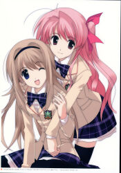 2girls absurdres antenna_hair black_headband black_pantyhose black_thighhighs blazer blonde_hair blue_eyes bow bowtie breasts brown_hair brown_jacket buttons chaos;head collared_shirt ears_visible_through_hair frilled_skirt frills hair_bow hairband head_tilt headband highres hug hug_from_behind jacket lapels leaning_forward long_hair long_sleeves looking_at_viewer multiple_girls necktie nishijou_nanami non-web_source notched_lapels official_art one_eye_closed open_mouth pantyhose petticoat pink_eyes pink_hair plaid_bow plaid_bowtie plaid_clothes plaid_necktie pleated_skirt ribbon sakihata_rimi sasaki_mutsumi scan school_emblem school_uniform shirt side_ponytail skirt smile stray_hair suimei_academy suimei_school_uniform thighhighs thighs tongue white_petticoat white_shirt zettai_ryouiki