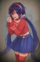 1girl blue_eyes blue_hair blue_skirt choker cowboy_shot crazy_mita_(miside) hair_ornament hairband hairclip hashtag-only_commentary long_hair long_sleeves looking_at_viewer low_twintails midriff miside mita_(miside) open_mouth own_hands_together pleated_skirt red_choker red_hairband red_shirt red_thighhighs shirt simple_background skirt smile solo thighhighs twintails umesasami very_long_hair