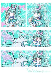 Rule 34 | 1girl, :o, aqua background, aqua brooch, aqua hair, aqua hairband, aqua hat, aqua shoes, aqua sleeves, bag bow, bare shoulders, blue bow, blue bowtie, blue choker, blue pantyhose, blunt bangs, blush, blush stickers, border, bow, bow choker, bowtie, brooch, choker, closed mouth, clothing cutout, commentary request, commission, commissioner name, cosmetics, cure lillian, dot nose, dress, earrings, eyelashes, frilled arm warmers, frilled headwear, frilled sleeves, frills, hairband, happy, hat, hat bow, heart, heart background, heart brooch, high heels, high side ponytail, highres, holding, holding lipstick tube, holding wand, jewelry, lipstick tube, long hair, magical girl, mini hat, mini top hat, multicolored bow, multiple earrings, multiple views, nekoyashiki mayu, outline, pantyhose, parted lips, pink bow, pink eyes, pointy nose, polka dot, polka dot background, precure, pumps, rakugaki shitagari-ya, shoes, short dress, short sleeves, shoulder cutout, single stripe, skeb commission, smile, sparkle, sphere earrings, striped bow, striped bowtie, striped clothes, striped sleeves, top hat, tsurime, twitter username, very long hair, waist bag, wand, wavy hair, white arm warmers, white bag, white border, white dress, white outline, wonderful precure!
