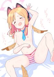 1girl absurdres animal_ear_headphones animal_ears arm_up armpits bare_legs barefoot bed_sheet blonde_hair blue_archive blue_necktie bow bow_panties breasts cat_ear_headphones cat_ears clenched_hand closed_eyes commentary_request dot_nose drooling fake_animal_ears foot_up furrowed_brow hair_bow halo headphones heart highres light_blush loli low-tied_sidelocks medium_hair momoi_(blue_archive) mouth_drool navel necktie open_mouth panties parted_bangs pink_halo pink_panties red_bow shadow short_necktie sidelocks small_breasts sound_effects spread_fingers striped_clothes striped_panties sweat tearing_up tickling tickling_armpits topless_female trembling two-tone_panties underwear very_sweaty white_panties zener_zapping