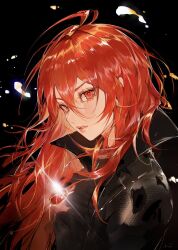 1girl ahoge black_background collared_jacket high_collar highres jacket jewelry leather leather_jacket long_hair looking_at_viewer pendant red_eyes red_hair shakugan_no_shana shana sumi_(suumiko_)