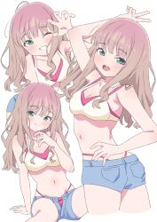 1girl bikini blush breasts brown_hair closed_mouth denim denim_shorts green_eyes gridman_universe highres long_hair looking_at_viewer minami_yume one_eye_closed open_mouth sho_(shoshos_8888) shorts simple_background smile ssss.dynazenon string_bikini swimsuit white_background