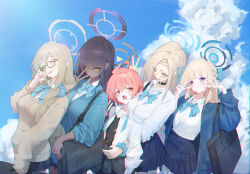 5girls absurdres ahoge akane_(blue_archive) akane_(school_uniform)_(blue_archive) asuna_(blue_archive) asuna_(school_uniform)_(blue_archive) asymmetrical_bangs bandaid bandaid_on_cheek bandaid_on_face black-framed_eyewear black_choker black_hair black_halo black_undershirt blonde_hair blue_archive blue_bow blue_bowtie blue_cardigan blue_eyes blue_halo blue_scrunchie blue_skirt blue_sky blue_streaks bow bowtie braid breasts brown_cardigan brown_hair brown_halo cardigan cardigan_around_waist choker cleaning_&amp;_clearing_(blue_archive) clothes_around_waist cloud dark-skinned_female dark_skin day double_v glasses hair_between_eyes hair_bow hair_over_one_eye half_up_braid halo highres huge_ahoge jacket jacket_around_waist karin_(blue_archive) karin_(school_uniform)_(blue_archive) large_breasts long_hair long_sleeves looking_at_another looking_at_viewer loose_bowtie miniskirt mole mole_under_each_eye mole_under_eye multiple_girls multiple_moles neck_ribbon neru_(blue_archive) neru_(school_uniform)_(blue_archive) official_alternate_costume open_cardigan open_clothes orange_hair phoebe_(user_vvpf4584) pleated_skirt purple_halo red_eyes ribbon school_uniform scrunchie shirt single_braid skirt sky smile toki_(blue_archive) toki_(school_uniform)_(blue_archive) undone_neck_ribbon v very_long_hair white_shirt wrist_scrunchie yellow_eyes