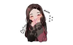 1girl ^_^ animification brown_hair closed_eyes commentary covering_own_mouth english_commentary flying_sweatdrops heart hrd0c irene_(red_velvet) k-pop laughing long_hair long_sleeves lowres real_life red_velvet_(group) shirt signature simple_background solo upper_body white_background