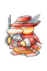 animal_focus armor artist_name ascot clothed_pokemon final_fantasy gen_1_pokemon hat hat_feather holding holding_sword holding_weapon nintendo no_humans oliver_hamlin pokemon pokemon_(creature) psyduck red_armor red_hat red_mage_(final_fantasy) simple_background standing sword twitter_username watermark weapon white_ascot white_background