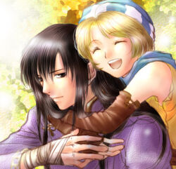1boy 1girl ^_^ bad_id black_eyes black_hair blonde_hair closed_eyes couple fingerless_gloves fire_emblem fire_emblem:_genealogy_of_the_holy_war gloves hetero hug hug_from_behind long_hair lowres nintendo open_mouth patty_(fire_emblem) shannan_(fire_emblem) shirt sleeveless sleeveless_shirt smile upper_body usachu_now yellow_shirt
