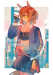1girl :o absurdres adjusting_eyewear animal_ears belt black_tube_top blue_jacket braid breasts brown_hair character_name cowboy_shot fingerless_gloves flower gloves hair_flower hair_ornament hand_in_pocket highres horse_ears horse_girl horse_tail hs1700061998 jacket jewelry liberty_island_(racehorse) long_sleeves medium_hair midriff miniskirt necklace open_clothes open_jacket original personification pleated_skirt skirt small_breasts solo strapless tail tinted_eyewear tube_top umamusume yellow-tinted_eyewear