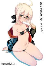 1girl ahoge artoria_pendragon_(fate) bikini black-framed_eyewear black_bikini blonde_hair braid breasts fate/grand_order fate_(series) food glasses hair_between_eyes highres jacket long_sleeves looking_at_viewer mysterious_heroine_x_alter_(fate) namonashi navel popsicle semi-rimless_eyewear short_hair small_breasts solo stomach swimsuit yellow_eyes