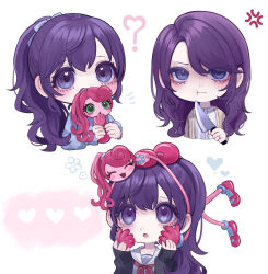 3girls ? ^_^ aegyo_sal anger_vein ankle_socks asahina_mafuyu asahina_mafuyu&#039;s_mother black_jacket blue_bow blue_shirt bow brown_cardigan cardigan chibi chibi_only closed_eyes colored_skin commentary_request covered_mouth cropped_torso crossover gloves green_eyes grey_shirt grey_socks hair_bow heart heart_in_eye highres holding holding_knife jacket jewelry jishou_210 knife long_hair long_sleeves looking_at_another looking_up mary_janes mommy_longlegs mother_and_daughter multiple_girls multiple_views neckerchief necklace notice_lines open_cardigan open_clothes open_jacket pink_gloves pink_hair pink_skin ponytail poppy_playtime project_sekai purple_eyes purple_hair red_neckerchief ring sailor_collar school_uniform shirt shoes short_hair simple_background sleeves_past_wrists socks symbol_in_eye upper_body v-shaped_eyebrows white_background white_sailor_collar white_shirt