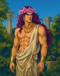 abs absurdres bare_arms bare_shoulders battle_tendency bracelet curtains flameflux floating_hair flower highres jewelry jojo_no_kimyou_na_bouken kars_(jojo) long_hair male_focus muscular muscular_male nature nipples purple_hair red_eyes self-upload solo very_long_hair wavy_hair