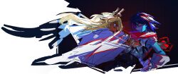 1girl 1other antlers armor blonde_hair blue_hair blue_skin chinese_commentary colored_skin commentary_request deer_antlers deer_girl deltarune hand_on_own_arm heart highres holding holding_heart hole_in_chest hole_on_body horns kris_(deltarune) medium_hair moyi7239 noelle_holiday red_eyes robe white_robe