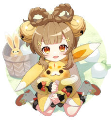 1girl :3 :d absurdres basket bell blunt_bangs blush boots bow bow-shaped_hair braid brown_eyes brown_hair commentary_request dress eyelashes from_above full_body fur-trimmed_boots fur_trim genshin_impact grass green_dress hair_bell hair_ornament highres holding holding_stuffed_toy itsumiruka jingle_bell long_sleeves looking_at_viewer looking_up medium_hair open_mouth orange_bow puffy_long_sleeves puffy_sleeves radish shadow sidelocks sitting smile solo stuffed_animal stuffed_rabbit stuffed_toy wariza white_boots yaoyao_(genshin_impact) yuegui_(genshin_impact)