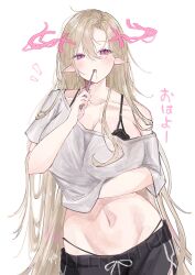 Rule 34 | 1girl, black bra, blonde hair, bra, bra strap, breasts, brushing teeth, collarbone, dolphin shorts, drooling, highres, holding, holding toothbrush, huge breasts, light blush, long hair, looking at viewer, lucifer (monster strike), midriff, monster strike, navel, nuu monst, open mouth, pink eyes, pointy ears, shirt, shorts, simple background, single bare shoulder, solo, toothbrush, underwear, very long hair, white background, white shirt