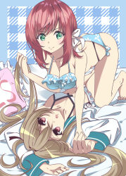 &gt;:) 2girls :o absurdres ahoge all_fours arms_up atri atri-my_dear_moments- bare_arms bikini black_ribbon blue_bikini blush bow breasts cleavage closed_mouth collarbone commentary dress eyes_visible_through_hair floral_print floral_print_bikini frilled_bikini frilled_pillow frills full_body girl_on_top green_eyes hair_between_eyes hair_bow hair_intakes hair_ribbon hair_spread_out hand_up hashtag-only_commentary highres holding_another&#039;s_hair kamishiro_minamo large_breasts light_brown_hair long_hair long_sleeves looking_at_viewer lying medium_hair multiple_girls navel on_back on_bed open_clothes open_dress open_mouth pillow red_eyes red_hair ribbon sailor_dress sidelocks simple_background small_breasts smile smug split_mouth sukonbu385 swept_bangs swimsuit thighs tiptoes two_side_up upturned_eyes v-shaped_eyebrows very_long_hair white_bikini white_bow white_dress wide_sleeves yes yes-no_pillow yuri