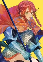 Rule 34 | 1girl, armor, artist name, aubz, braid, cape, character request, closed mouth, commentary, commission, commissioner name, copyright name, english commentary, gauntlets, green eyes, highres, holding, holding weapon, long hair, looking at viewer, pink lips, red cape, red hair, scale armor, signature, skeb commission, solo, thank you, twin braids, twitter username, vgen commission, weapon