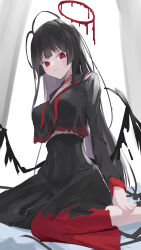 1girl antenna_hair black_hair black_serafuku black_skirt black_wings blood blood_halo blood_on_clothes blue_archive breasts commentary_request halo high-waist_skirt highres large_breasts liquid_halo long_hair long_sleeves low_wings neckerchief red_eyes red_neckerchief sasayakana school_uniform serafuku sitting skirt solo sweatdrop tsurugi_(blue_archive) wariza wings