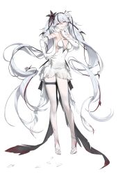 1girl absurdres alternate_costume bare_shoulders black_eyes black_flower breasts camellya_(wuthering_waves) commentary dress elbow_gloves english_commentary flower full_body gloves grey_pantyhose hair_between_eyes hair_flower hair_ornament hand_on_own_hip high_heels highres large_breasts long_hair looking_at_viewer pantyhose parted_lips red_pupils revision rose simple_background sketch smile solo twintails very_long_hair white_background white_dress white_flower white_gloves white_hair white_pantyhose white_rose wuthering_waves youngjoo_kjy
