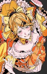 1girl absurdres aku_no_musume_(vocaloid) anime_coloring bare_shoulders black_robe blonde_hair blue_eyes bow bracelet breasts breasts_apart collarbone colored_eyelashes cuz_39 dress dress_flower earrings evillious_nendaiki flower frilled_bow frilled_dress frilled_sleeves frills from_above gem grin hair_bow hair_ornament hairclip high_ponytail highres jaggy_lines jewelry kagamine_rin lace lace-trimmed_dress lace_trim light_blush looking_at_viewer looking_up medium_breasts off-shoulder_dress off_shoulder orange_bow orange_ribbon petticoat ponytail red_gemstone ribbon riliane_lucifen_d&#039;autriche robe rose smile solo swept_bangs updo vocaloid wide_sleeves yellow_bow yellow_dress yellow_flower yellow_lips yellow_nails yellow_rose