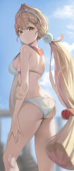 1girl absurdres alice_thymefield alternate_costume ass bikini blonde_hair character_name from_behind hair_ornament highres kd_(kdh45689) long_hair low_twintails pom_pom_(clothes) pom_pom_hair_ornament solo sphere_hair_ornament swimsuit twintails white_bikini yellow_eyes zenless_zone_zero