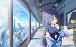 1girl 1other badge blue_archive blush city closed_eyes glass_wall halo highres indoors laughing long_hair mechanical_halo open_mouth out_of_frame purple_hair sh1_uu1 shirt smile sportswear t-shirt window yuuka_(blue_archive) yuuka_(track)_(blue_archive)