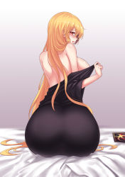 Rule 34 | 1girl, ^^^, ass, ass focus, bare shoulders, black dress, blonde hair, breasts, commentary request, dress, female focus, gradient background, grey background, headdress, highres, hip focus, huge ass, indoors, junko (touhou), koissa, large breasts, long hair, looking at viewer, looking back, mature female, off shoulder, parted lips, profile, red eyes, sitting, smile, solo, touhou, undressing, unworn headwear, very long hair, white background, wide hips