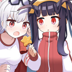 2girls :o black_hair blue_archive blunt_bangs commentary_request demon_girl demon_horns eyewear_on_head feeding fuuka_(blue_archive) gym_shirt gym_uniform hair_between_eyes halo haruna_(blue_archive) headscarf height_difference holding holding_skewer horns jacket jacket_on_shoulders leaning_forward long_hair long_sleeves looking_at_another multicolored_jacket multiple_girls o_(rakkasei) open_clothes open_jacket parted_lips red_eyes red_jacket shirt short_sleeves sidelocks simple_background sketch skewer sunglasses track_jacket turtleneck turtleneck_jacket two-tone_jacket white_background white_shirt yellow_headscarf yellow_headwear