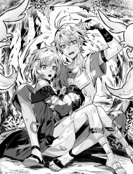 1boy 1girl :o absurdres ahoge coat commentary_request cyrene_(honkai:_star_rail) dress falling_leaves fingerless_gloves gloves go_(roku) greyscale highres honkai:_star_rail honkai_(series) leaf medium_hair monochrome neck_tattoo phainon_(honkai:_star_rail) sandals shirt short_hair sitting tattoo toes