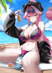 Rule 34 | 1girl, animal print, beach, bikini, black bikini, black choker, black hat, black jacket, blue-tinted eyewear, blush, breasts, center-flap bangs, chattino (raora panthera), choker, cleavage, commentary, day, donut, double-parted bangs, eyewear on head, food, grin, hat, high ponytail, highleg, highleg bikini, highres, holding, holding donut, holding food, hololive, hololive english, holonatsu paradise, jacket, jacket partially removed, jewelry, large breasts, layered bikini, leopard print, leopard print bikini, linea alba, long hair, long sidelocks, looking at viewer, mintz912, multi-strapped bikini bottom, multicolored hair, nail polish, navel, necklace, ocean, off shoulder, official alternate costume, official alternate hairstyle, outdoors, panther girl, panther tail, pink bikini, pink hair, pink nails, police hat, ponytail, raora panthera, raora panthera (holonatsu paradise), round eyewear, sidelocks, sitting, sky, smile, solo, streaked hair, sunglasses, swimsuit, tail, thighs, tinted eyewear, very long hair, virtual youtuber, water, white hair, yellow eyes