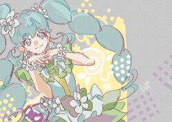 1girl absurdres aqua_eyes aqua_hair bare_arms bracelet closed_mouth cowboy_shot cure_princess cure_princess_(macadamia_hula_dance) dot_nose dress earrings eyelashes flower flower_bracelet flower_earrings flower_skirt green_skirt green_sleeves grey_background hair_flower hair_ornament happinesscharge_precure! happy heart heart_print highres interlocked_fingers jewelry long_hair magical_girl miniskirt multi-tied_hair official_alternate_costume own_hands_together precure shipu_(gassyumaron) shirayuki_hime short_dress short_sleeves signature skirt skirt_under_dress smile solo sun_symbol tareme twintails very_long_hair waist_bag white_bag white_dress white_flower