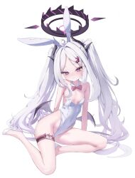 1girl ahoge animal_ears bare_shoulders black_halo blue_archive blush breasts closed_mouth demon_horns demon_wings hair_ornament halo highres hina_(blue_archive) horns leotard long_hair miho_(user7939139) playboy_bunny purple_eyes rabbit_ears sidelocks twintails very_long_hair white_background white_hair wings