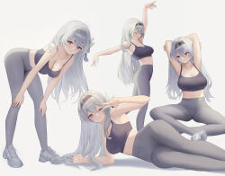 Rule 34 | 4girls, absurdres, alternate costume, arm up, armpits, arms behind head, arms up, bare arms, bare shoulders, bent over, black hairband, black sports bra, breasts, camisole, cleavage, closed eyes, closed mouth, commentary, crop top, feet out of frame, firefly (honkai: star rail), full body, grey background, grey eyes, grey footwear, grey hair, grey hairband, grey leggings, grey pants, hair between eyes, hairband, hands on own knees, highres, honkai: star rail, honkai (series), ieris, indian style, large breasts, leggings, long hair, looking at viewer, lying, midriff, multiple girls, multiple persona, on side, one eye closed, pants, parted lips, planking, purple eyes, shoes, simple background, sitting, smile, sneakers, spaghetti strap, sports bra, standing, thighs, very long hair, w, white background, white footwear, white hair, yoga pants
