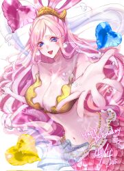 1girl akasama0215 balloon bikini blue_eyes blush_stickers breasts bubble cleavage commentary_request dated earrings fish_hair_ornament hagoromo hair_ornament happy_birthday heart heart_balloon highres jewelry mermaid monster_girl one_piece open_mouth pink_hair reaching reaching_towards_viewer shawl shell shell_earrings shirahoshi smile solo swimsuit yellow_bikini