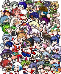antennae ball baseball_(object) baseball_bat baseball_glove birdhouse black_hair blonde_hair blue_eyes blue_hair blush brown_hair camera character_request chibi closed_eyes curry curry_rice deerstalker dog everyone food gender_request glasses green_eyes green_hair hair_over_one_eye hairband hat heterochromia holding holding_camera holding_paper_airplane horns jikkyou_powerful_pro_yakyuu magnifying_glass mole mole_under_eye monocle multicolored_hair one_eye_closed orange_hair palette_hair_ornament paper_airplane pink_hair power_pro_appli purple_eyes purple_hair red_eyes red_hair rice simple_background spaceship_hair_ornament speech_bubble two-tone_hair white_background white_hair yellow_eyes zarame09