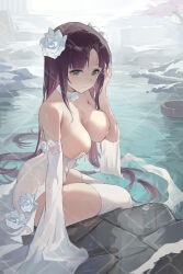 1girl absurdres bare_shoulders blush breasts cleavage dress fence flower green_eyes hair_flower hair_ornament highres large_breasts long_hair looking_at_viewer on_ground original outdoors partially_submerged purple_hair rose snow solo swimsuit thighhighs tree wedding_dress wet white_flower white_rose white_thighhighs zombie_ke