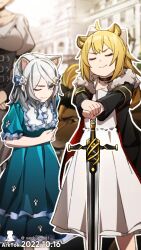 2girls allerdale_(arknights) animal_ears arknights blonde_hair chinese_commentary closed_mouth commentary_request dated dated_commentary dress grey_hair hands_on_hilt mochusama multiple_girls siege_(arknights) sword watermark weapon
