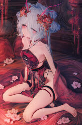 1girl bare_legs bare_shoulders barefoot blush breasts chinese_clothes choker closed_mouth commentary_request double_bun dress feet flower hair_between_eyes hair_bun hair_flower hair_ornament highres horns indoors legs long_hair navel original pelvic_curtain pink_eyes pink_flower red_dress sensitive sitting small_breasts solo thigh_strap thighs wakaba_(945599620) white_hair yokozuwari