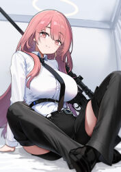 1girl absurdres arknights belt black_necktie black_shoes black_shorts blush breasts closed_mouth collared_shirt detached_pants dishui_tangni earrings gun halo highres indoors jewelry large_breasts lemuen_(arknights) long_hair long_sleeves looking_at_viewer necktie pink_eyes pink_hair rifle shirt shoes shorts sitting smile sniper_rifle solo underbust very_long_hair weapon