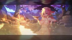 1girl aduare animal_ears animated bathing blinking breasts cherry_blossoms completely_nude cup drinking earrings floppy_ears fox_ears full_moon genshin_impact hair_between_eyes holding holding_cup jewelry lantern large_breasts long_hair moon naked_towel night night_sky nipples nude outdoors partially_submerged pink_hair pixel_art purple_eyes sakazuki sitting sky solo tagme towel tree video yae_miko