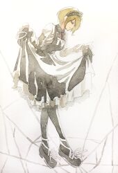 1girl absurdres black_dress black_gloves black_pantyhose black_shoes blonde_hair closed_eyes collared_shirt commentary curtsey danganronpa_(series) danganronpa_v3:_killing_harmony dress from_side full_body gloves hair_over_one_eye hairband high_sen_chan highres lace-trimmed_hairband lace_trim long_sleeves necktie painting_(medium) pantyhose profile purple_necktie ribbon shirt shoes short_hair silk smile solo spider_web tojo_kirumi traditional_media watercolor_(medium) white_background white_ribbon white_shirt