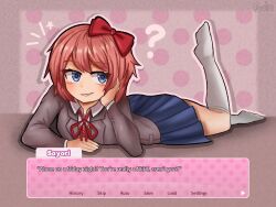 ? alone_on_a_friday_night?_(meme) artist_name blazer blue_eyes blue_skirt blush bow brown_jacket brown_sweater_vest commentary dialogue_box dialogue_options doki_doki_literature_club doki_doki_literature_club_school_uniform english_commentary fill_feels grey_jacket hair_bow highres jacket looking_at_viewer meme neck_ribbon orange_sweater_vest orange_vest pink_hair polka_dot polka_dot_background red_ribbon ribbon sayori_(doki_doki_literature_club) school_uniform skirt smile socks sweater_vest vest white_socks