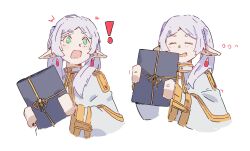 ! ... 1girl =_= ^^^ absurdres book capelet closed_eyes commentary earrings elf english_commentary floating_earrings frieren gift_wrapping gold_trim green_eyes hair_over_shoulder highres holding holding_book jewelry light_blush long_hair long_sleeves lucy_mel0 multiple_views parted_bangs pointy_ears shirt sidelocks simple_background solo sousou_no_frieren surprised twintails upper_body white_background white_capelet white_hair white_shirt wide-eyed wrapping_paper