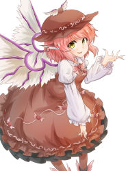 1girl animal_ears bird_ears bird_wings black_shoes blush brown_dress brown_headwear brown_legwear dress fingernails frilled_dress frills green_nails highres juliet_sleeves long_fingernails long_sleeves mystia_lorelei nail_polish open_mouth pink_hair puffy_sleeves sharp_fingernails shoes short_hair simple_background solo tarumaru touhou white_background white_wings winged_footwear winged_hat wings yellow_eyes