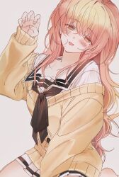 Rule 34 | 1girl, absurdres, between legs, black bow, black bowtie, blush, bow, bowtie, buttons, cardigan, claw pose, fingernails, hair over shoulder, hand between legs, hand up, head tilt, highres, kimi to kanojo to kanojo no koi., long hair, long sleeves, messy hair, mukou aoi (totono), nitroplus, off shoulder, ooni, open mouth, orange eyes, pink hair, pleated skirt, sailor collar, school uniform, seiza, serafuku, shirt, simple background, sitting, skirt, smile, solo, straight hair, white background, white sailor collar, white serafuku, white shirt, white skirt, yellow cardigan